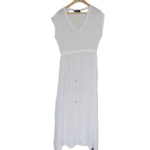 Lulu's Medium Gauzy Swim Cover-Up‎ White V-Neck Fringe Trim Drawstring